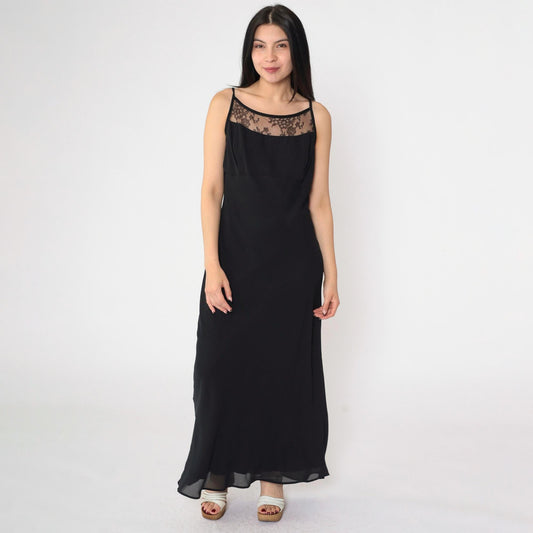 90s Jessica McClintock Gunne Sax Black Maxi Dress Spaghetti Strap Low Back Medium