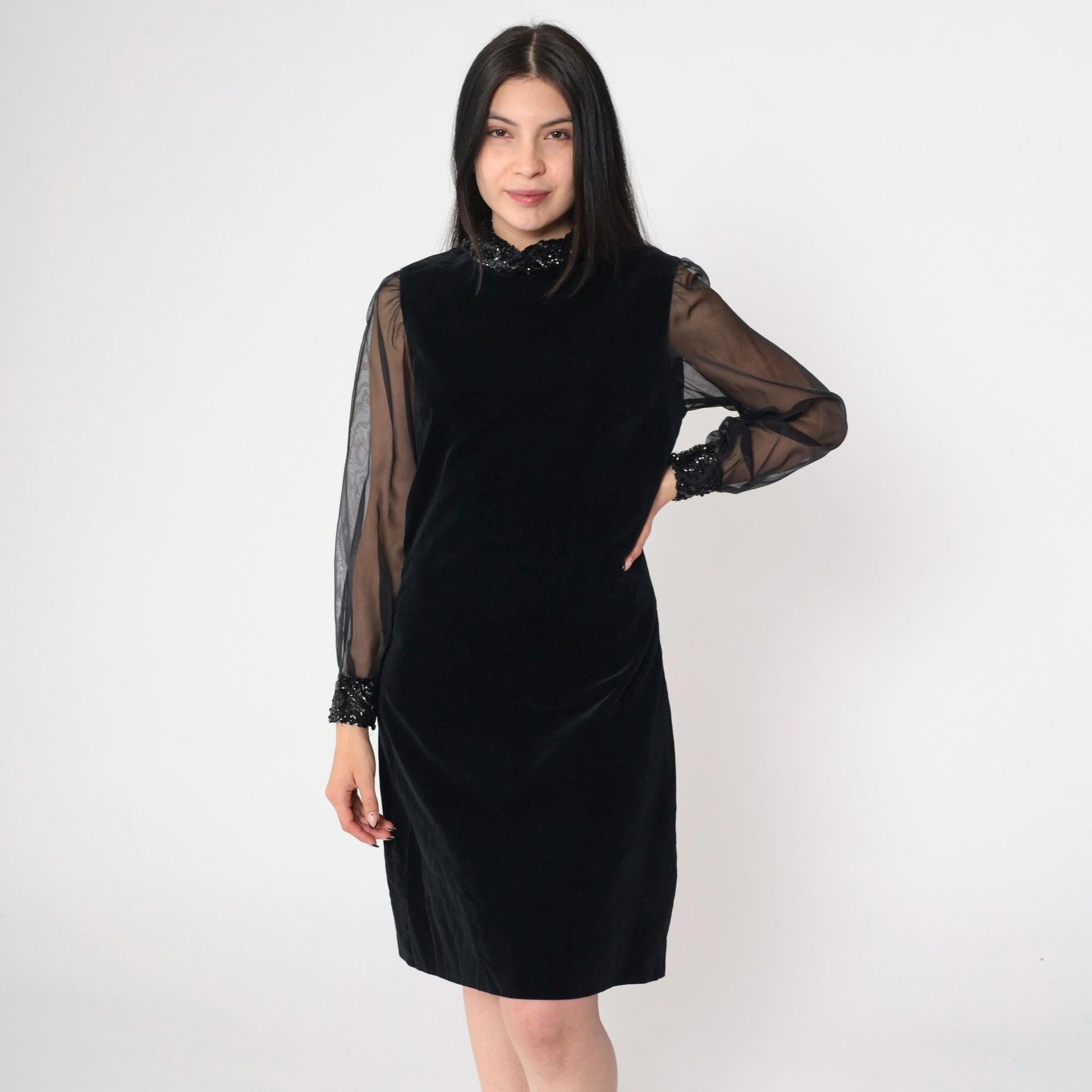60s Bobbie Brooks Black Velvet Mini Dress Sequin Chiffon Sleeve Small
