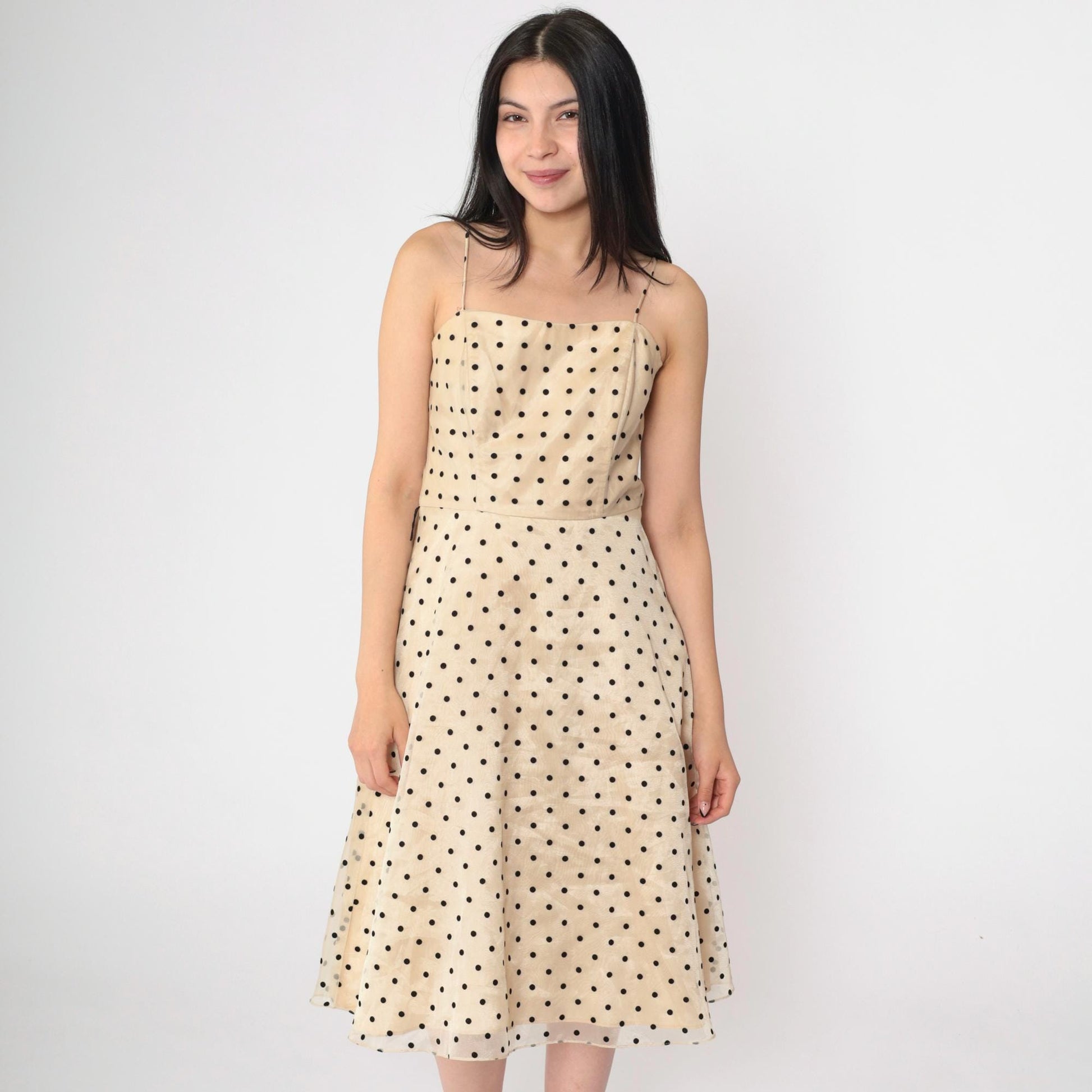 90s Betsy & Adam Beige Organza Midi Dress Black Polka Dot Spaghetti Strap Small 4