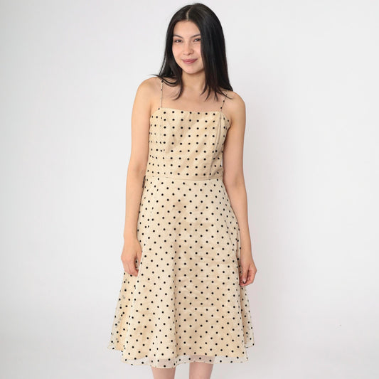 90s Betsy & Adam Beige Organza Midi Dress Black Polka Dot Spaghetti Strap Small 4
