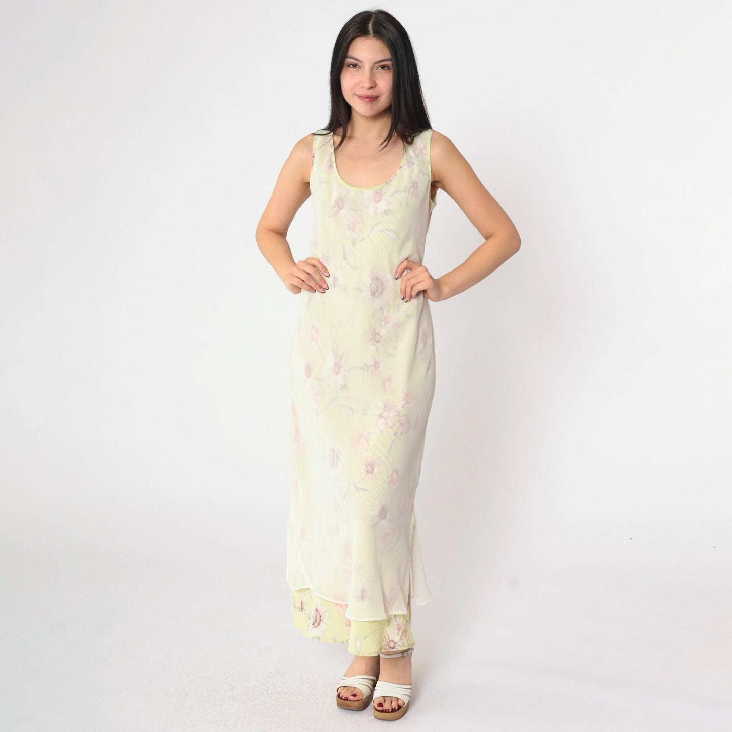 90s Green Floral Chiffon Midi Dress Sleeveless White Overlay Medium M