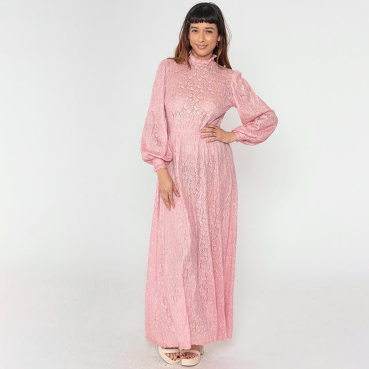 70s Pink Lace Maxi Dress Bishop Sleeve High Waist Button Back Small Medium