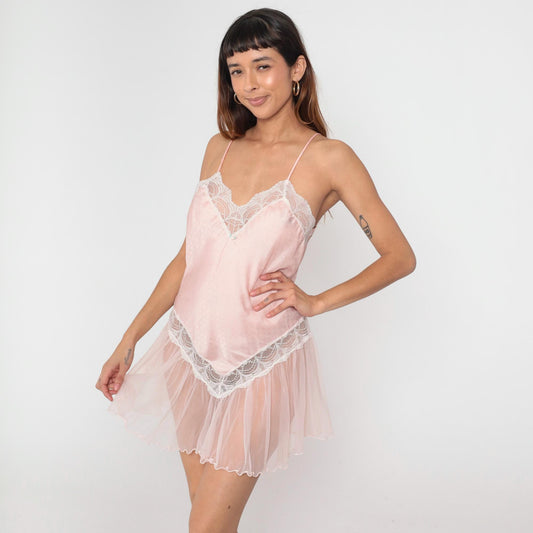 80s Jaclyn Smith Pink Jacquard Babydoll Slip Dress Lace Trim Mini Medium M