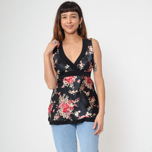 Y2K Black Satin Floral Tank Top Deep V Neck Empire Waist 00s Medium