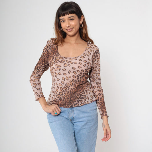 Y2K Leopard Print Long Sleeve Top Scoop Neck Lettuce Edge Large L