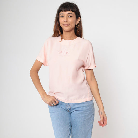 80s Nicole Blake Petites Blush Pink Embroidered Diamond Blouse Short Sleeve Small S