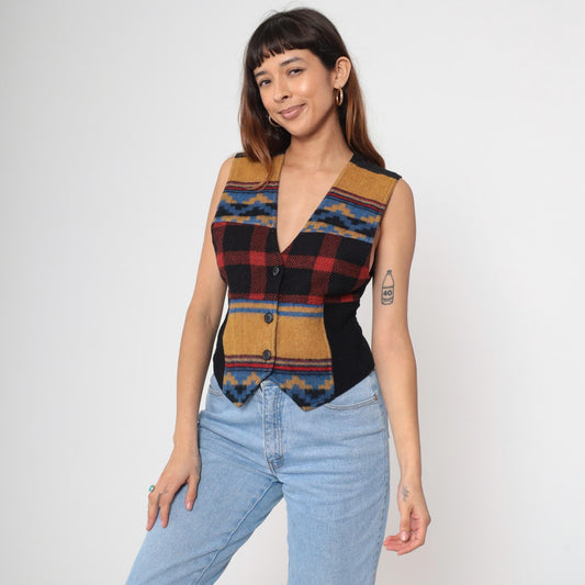 90s Southwestern Plaid Wool Vest Black Red Geometric Button V-Neck Small