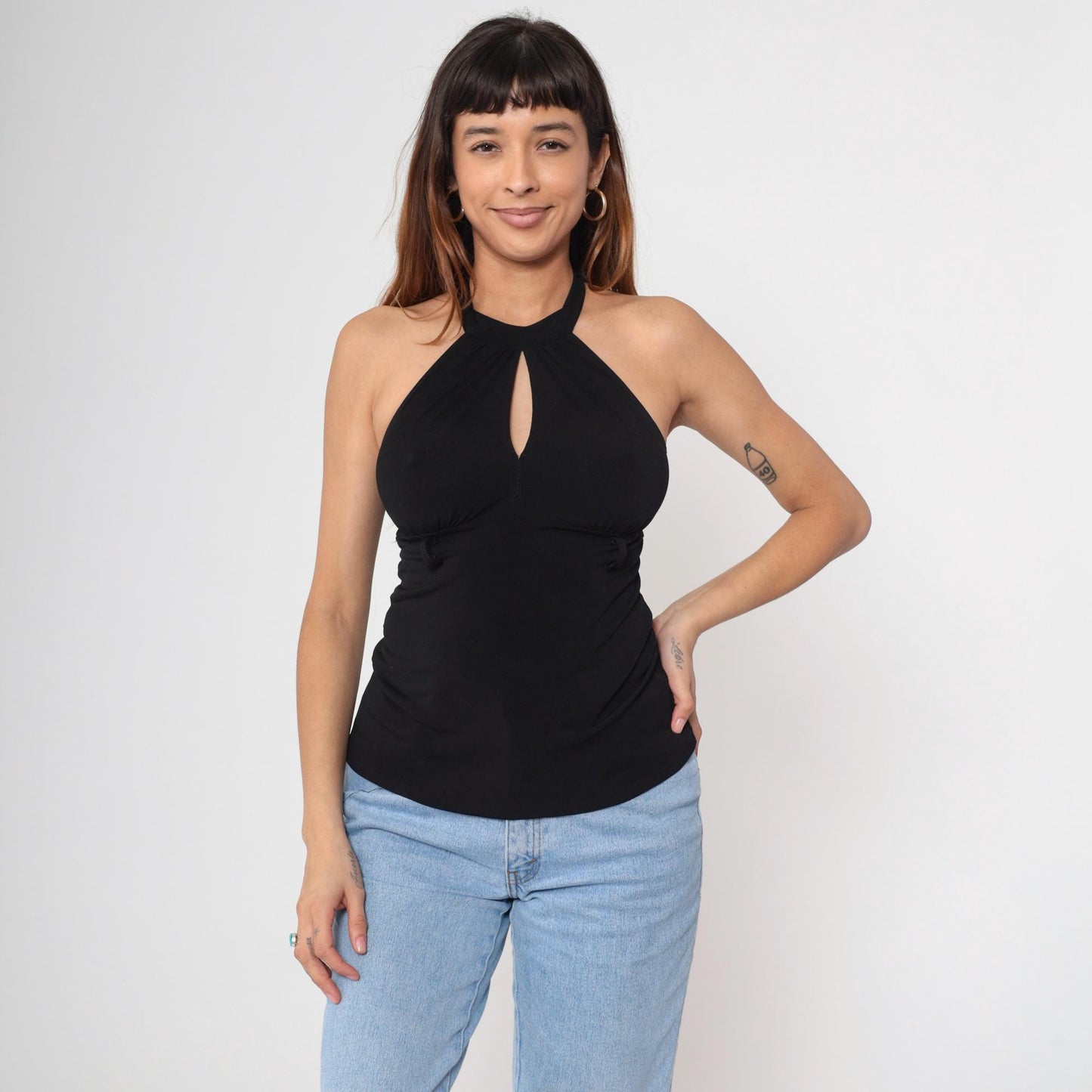 Y2K Black Halter Keyhole Sleeveless Top Empire Waist Open Back Small Medium