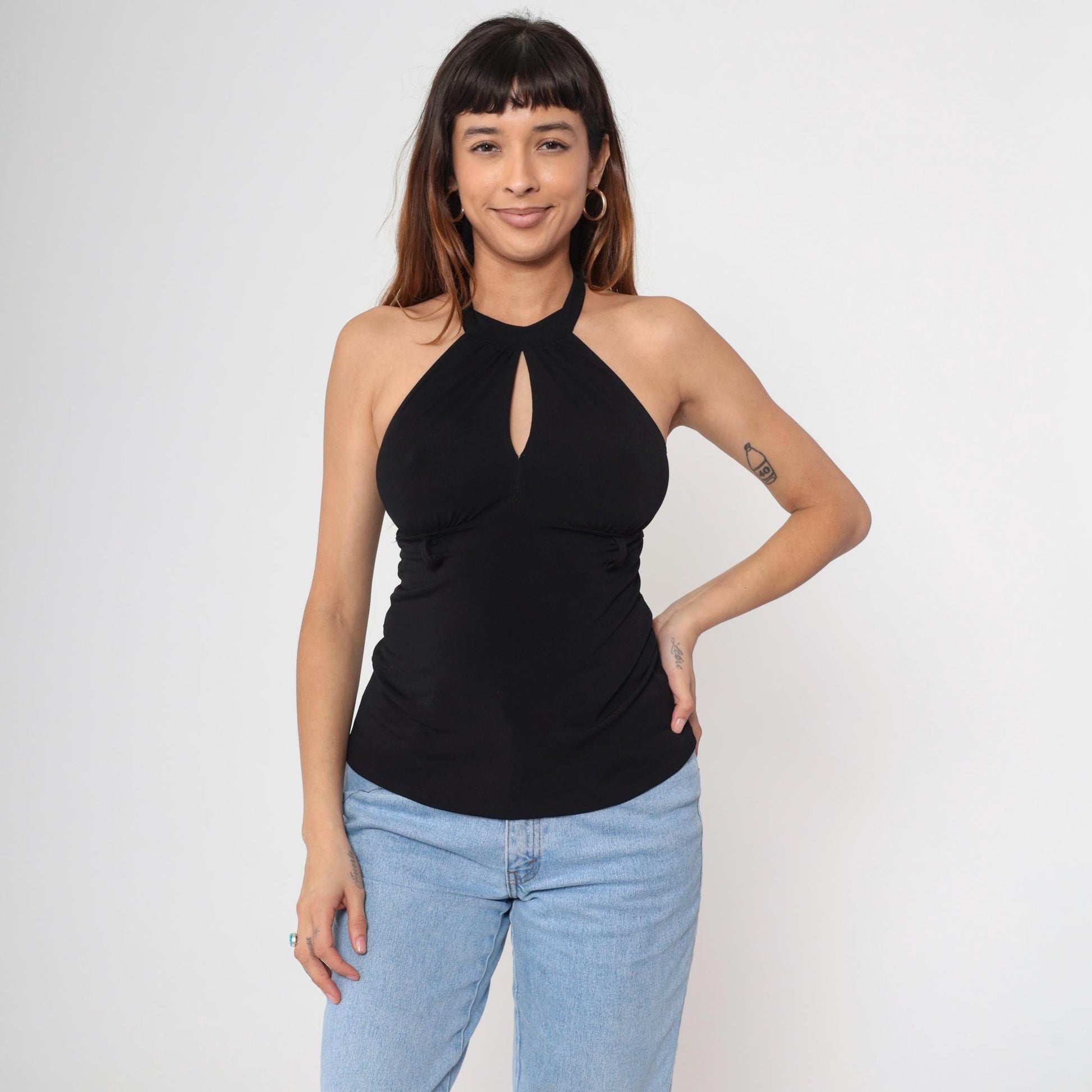 Y2K Black Halter Keyhole Sleeveless Top Empire Waist Open Back Small Medium