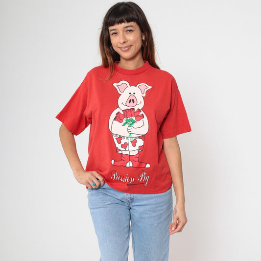 90s Doze Clothes Passion Pig Graphic T-Shirt Red Cotton Crewneck Small