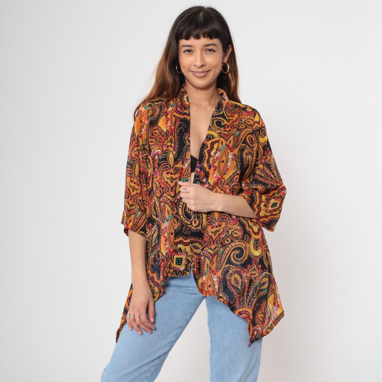 Y2K Sheer Paisley Kimono Jacket Open Front Asymmetrical Orange Gold Pink Extra Small