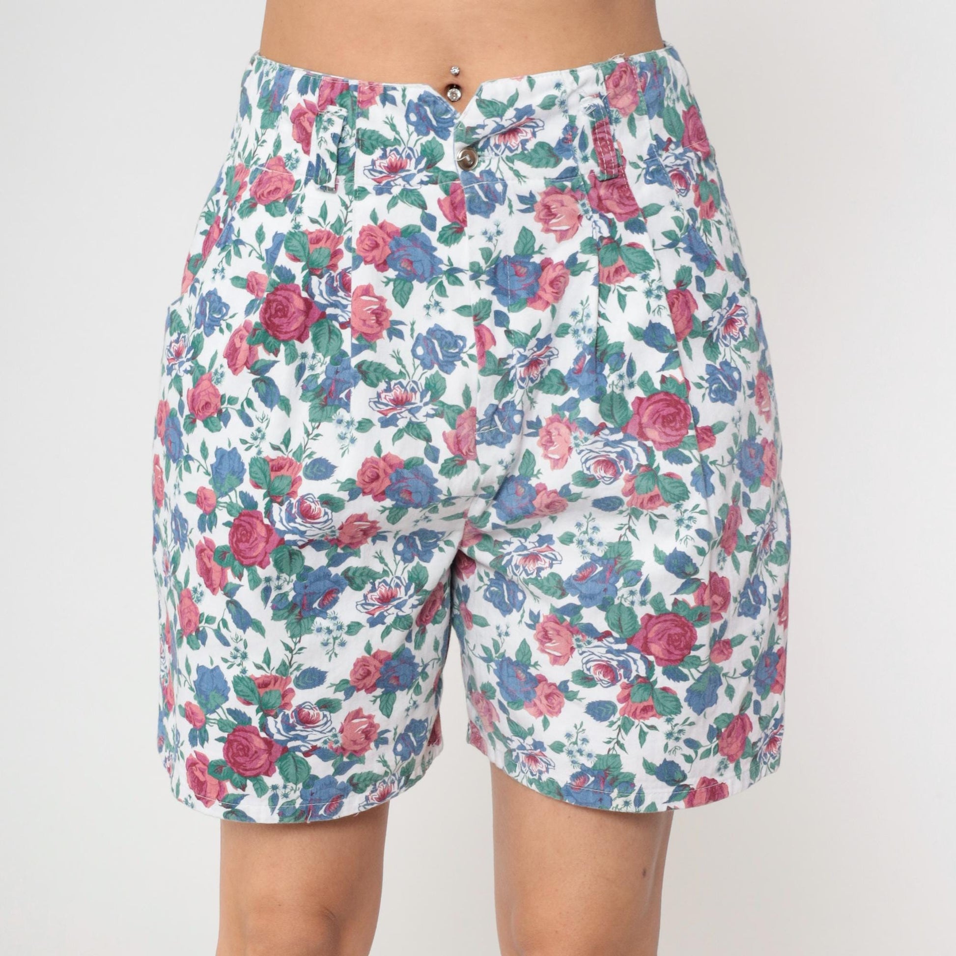 90s A. Byer White Floral Pleated High-Waisted Shorts Cotton Medium