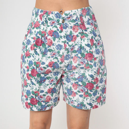 90s A. Byer White Floral Pleated High-Waisted Shorts Cotton Medium
