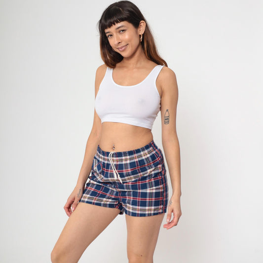 70s Towncraft Plaid Swim Trunks Navy Red White Checkered Small