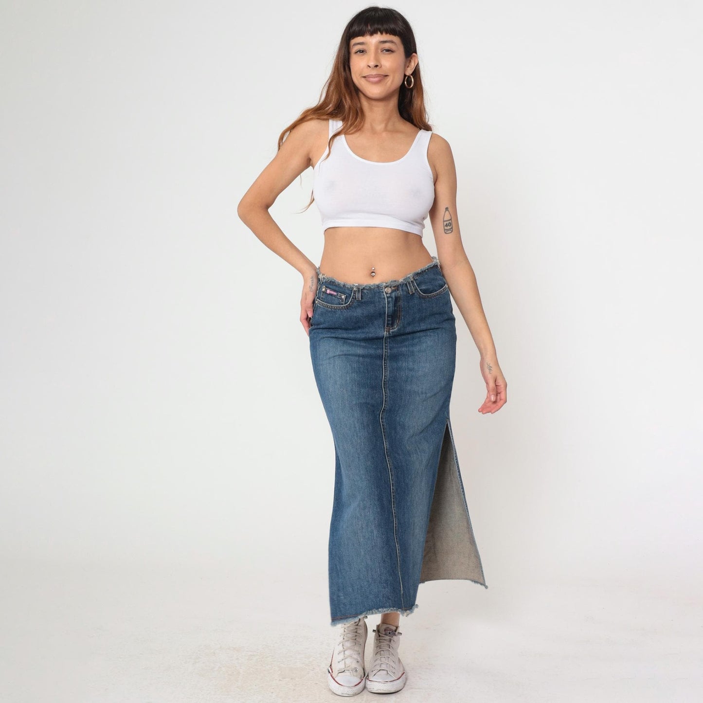 Y2K Faded Blue Denim Maxi Skirt Low Rise Side Slit Jean Skirt Small