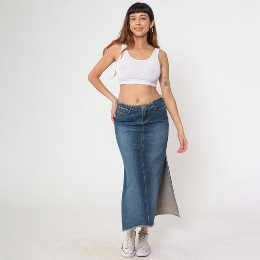 Y2K Faded Blue Denim Maxi Skirt Low Rise Side Slit Jean Skirt Small