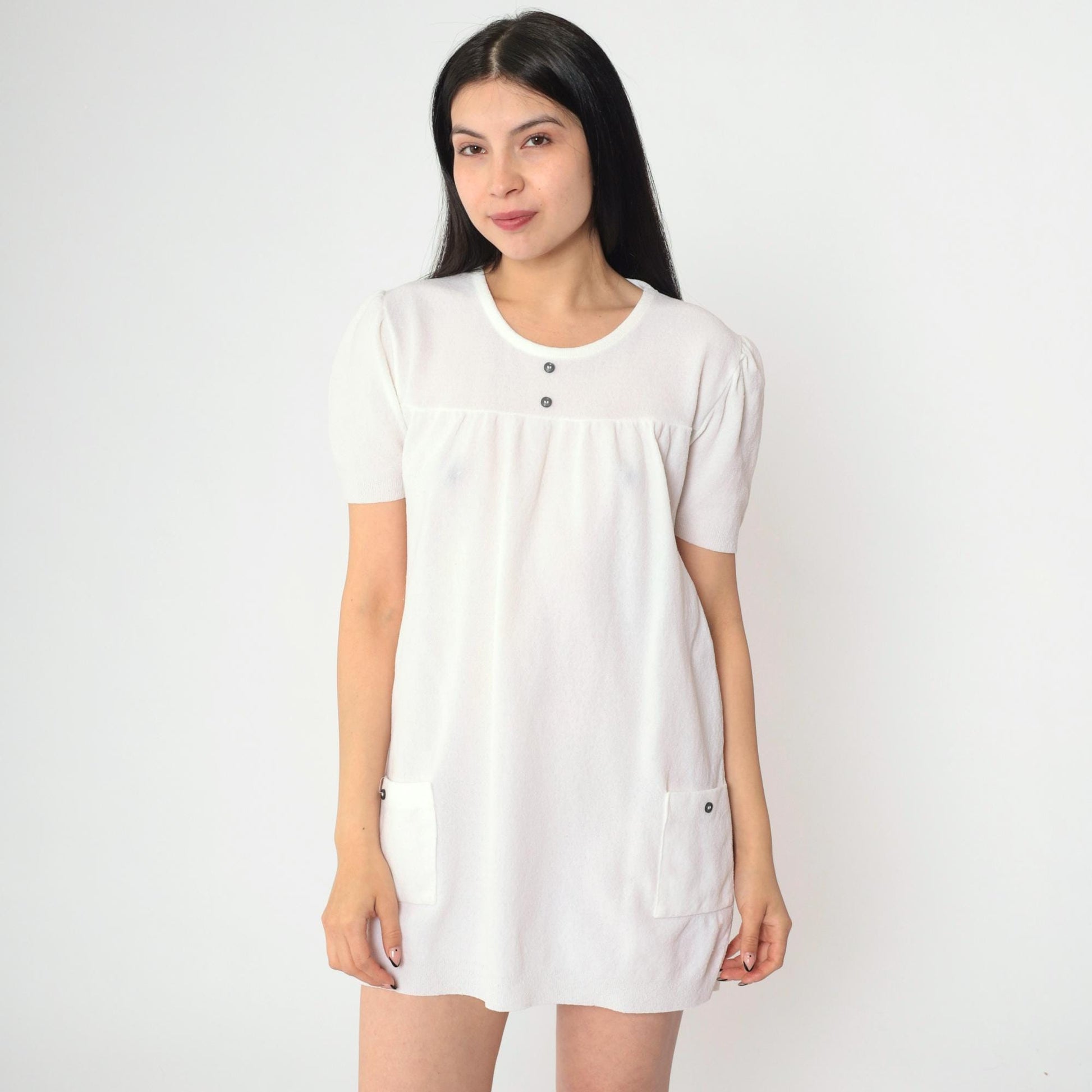 60s White Mod Puff Sleeve Mini Dress Shift A-Line Patch Pocket Small