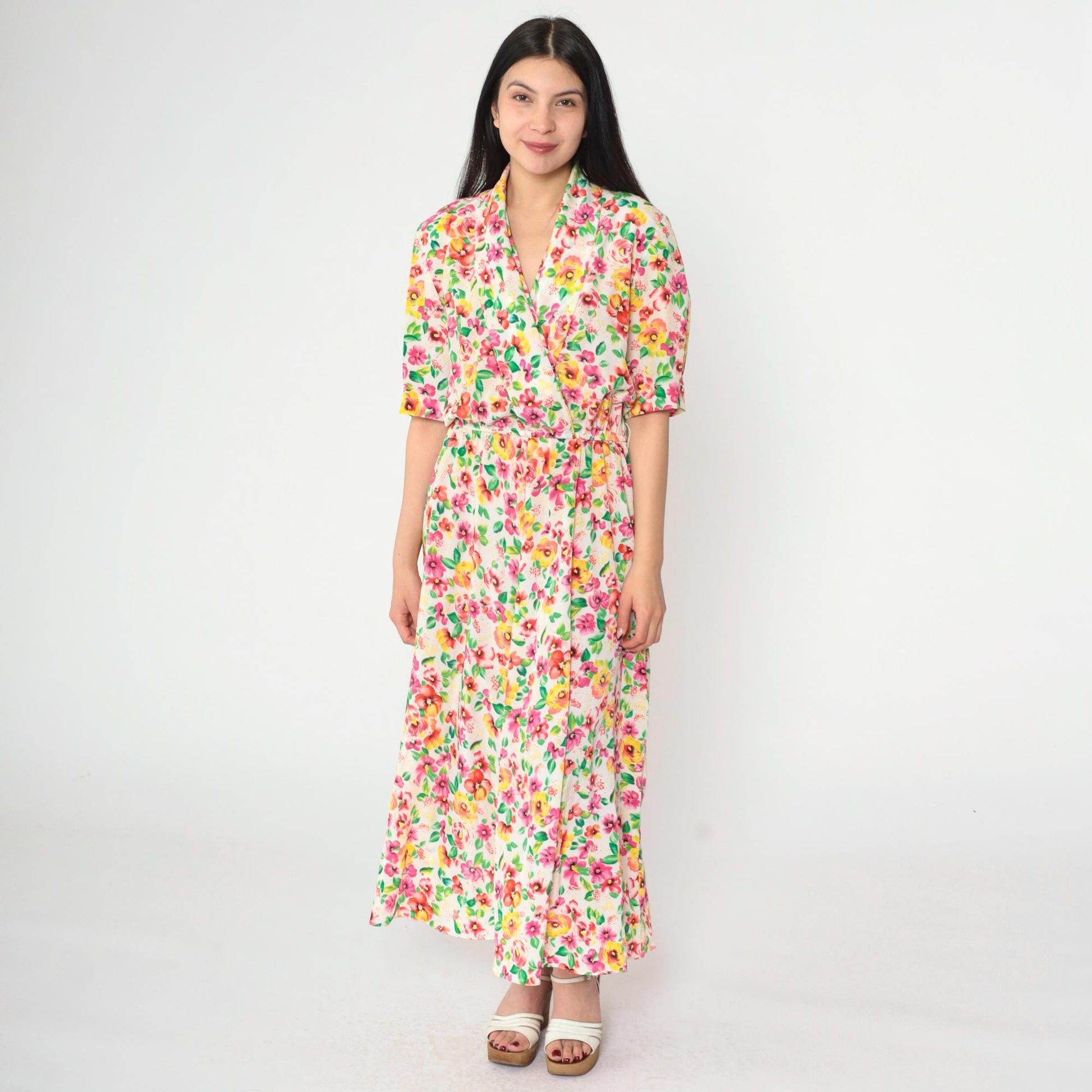 80s Liz Roberts Floral Wrap Dress Midi Pink Yellow White V-Neck Medium 8