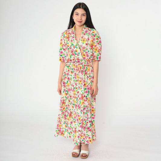 80s Liz Roberts Floral Wrap Dress Midi Pink Yellow White V-Neck Medium 8