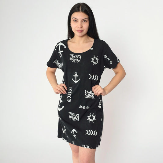 90s Black Nautical Anchor Starfish Print Mini Shift Dress Short Sleeve Medium M