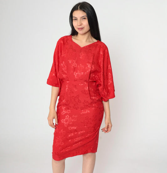 80s Red Jacquard Dress Kimono Sleeve V-Neck Sheath Knee-Length Extra Small