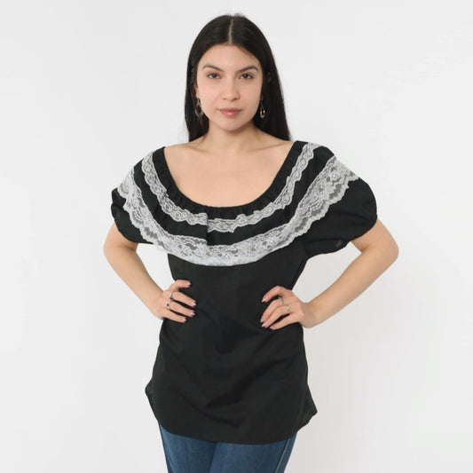 90s Black Peasant Blouse White Lace Trim Off-Shoulder Medium