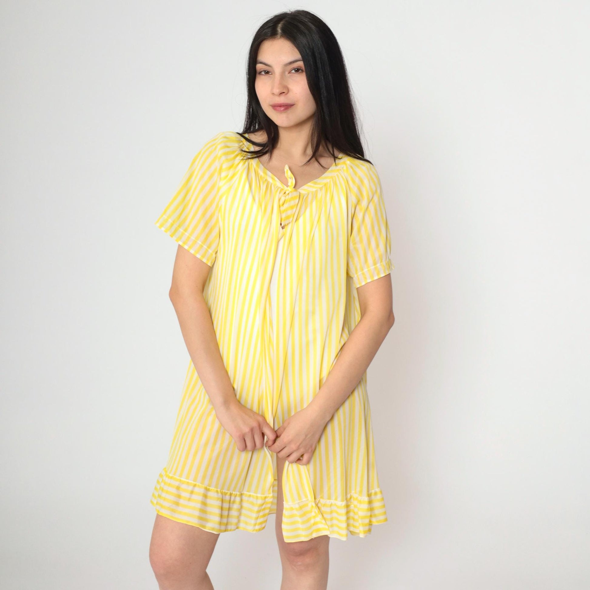 70s Yellow White Striped Nylon Lingerie Robe Open Front Mini Large L