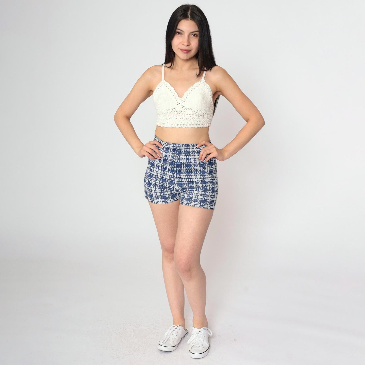 70s Blue Plaid High-Waist Hotpants Elastic Waistband Polyester Shorts XS