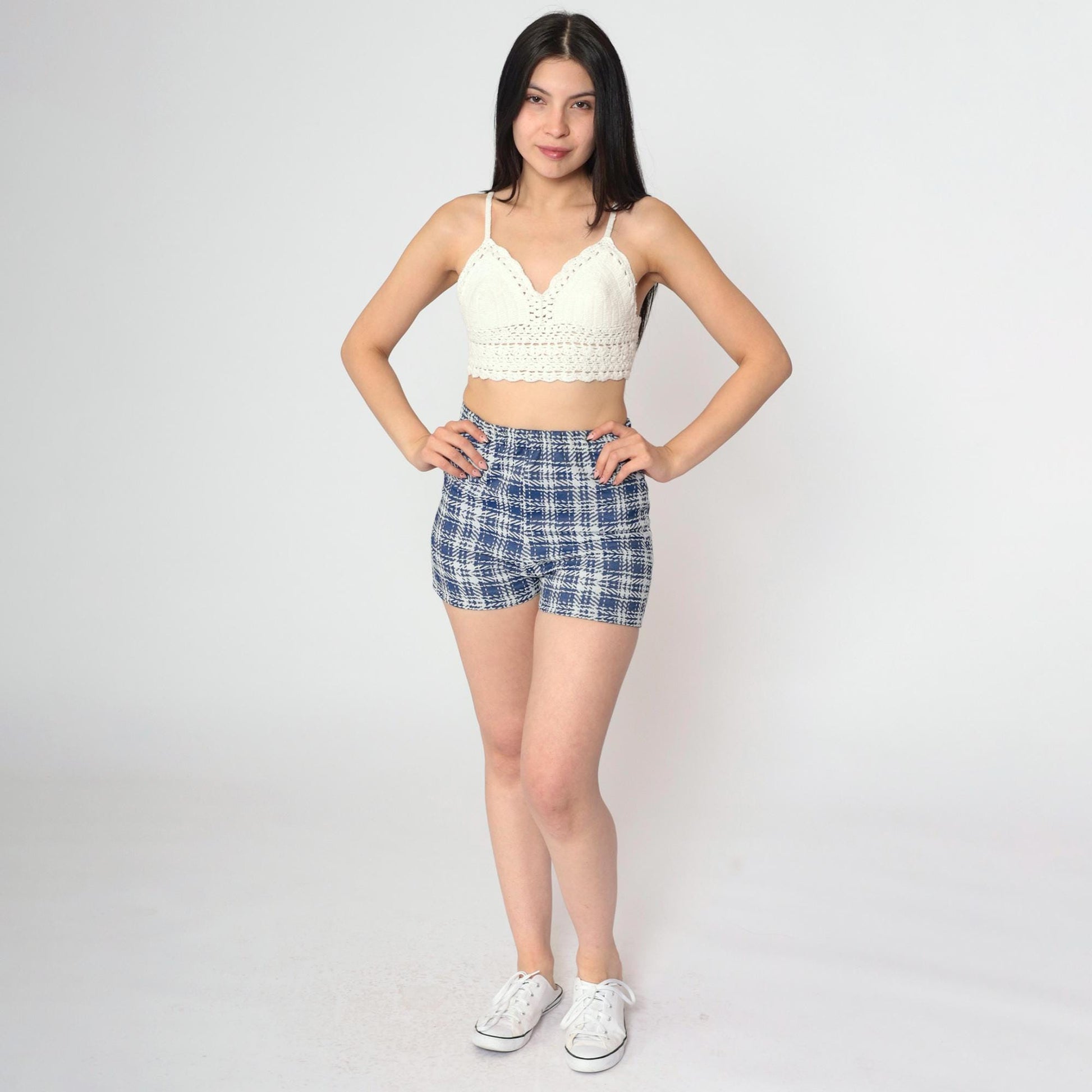 70s Blue Plaid High-Waist Hotpants Elastic Waistband Polyester Shorts XS