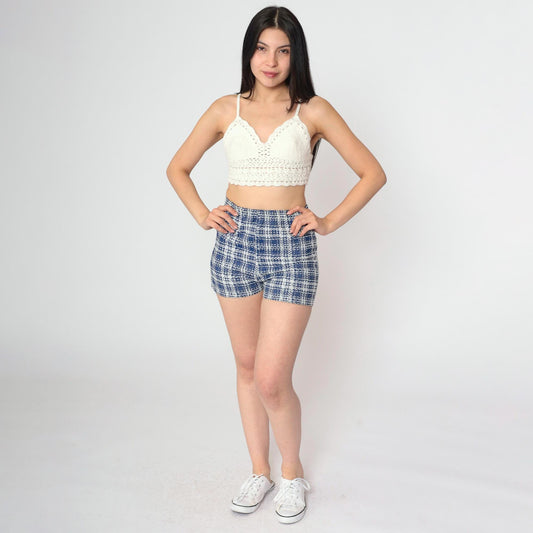 70s Blue Plaid High-Waist Hotpants Elastic Waistband Polyester Shorts XS