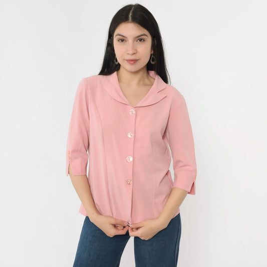 90s Pink Button-Down Blouse 3/4 Sleeve Notched Collar Princess Seams Medium Large