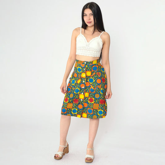 70s Polka Dot High-Waisted Skirt Knee Length Button Front Small