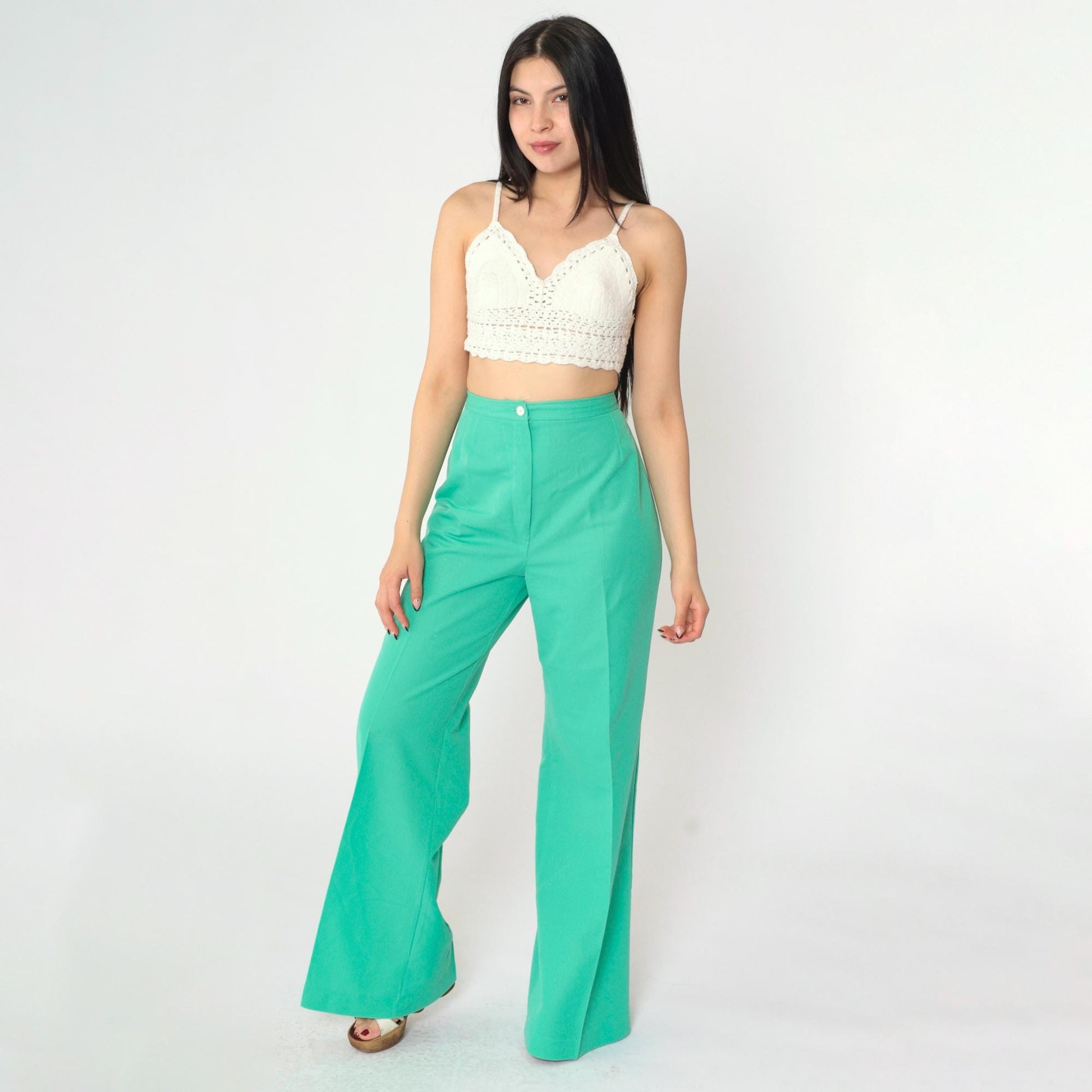 70s Green Polyester High-Waist Wide-Leg Flared Trousers Small