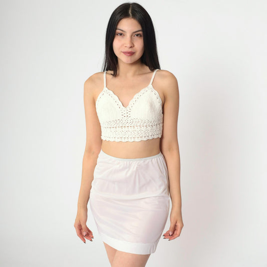 70s White Lace Slip Skirt Sheer Mini Lingerie Extra Small
