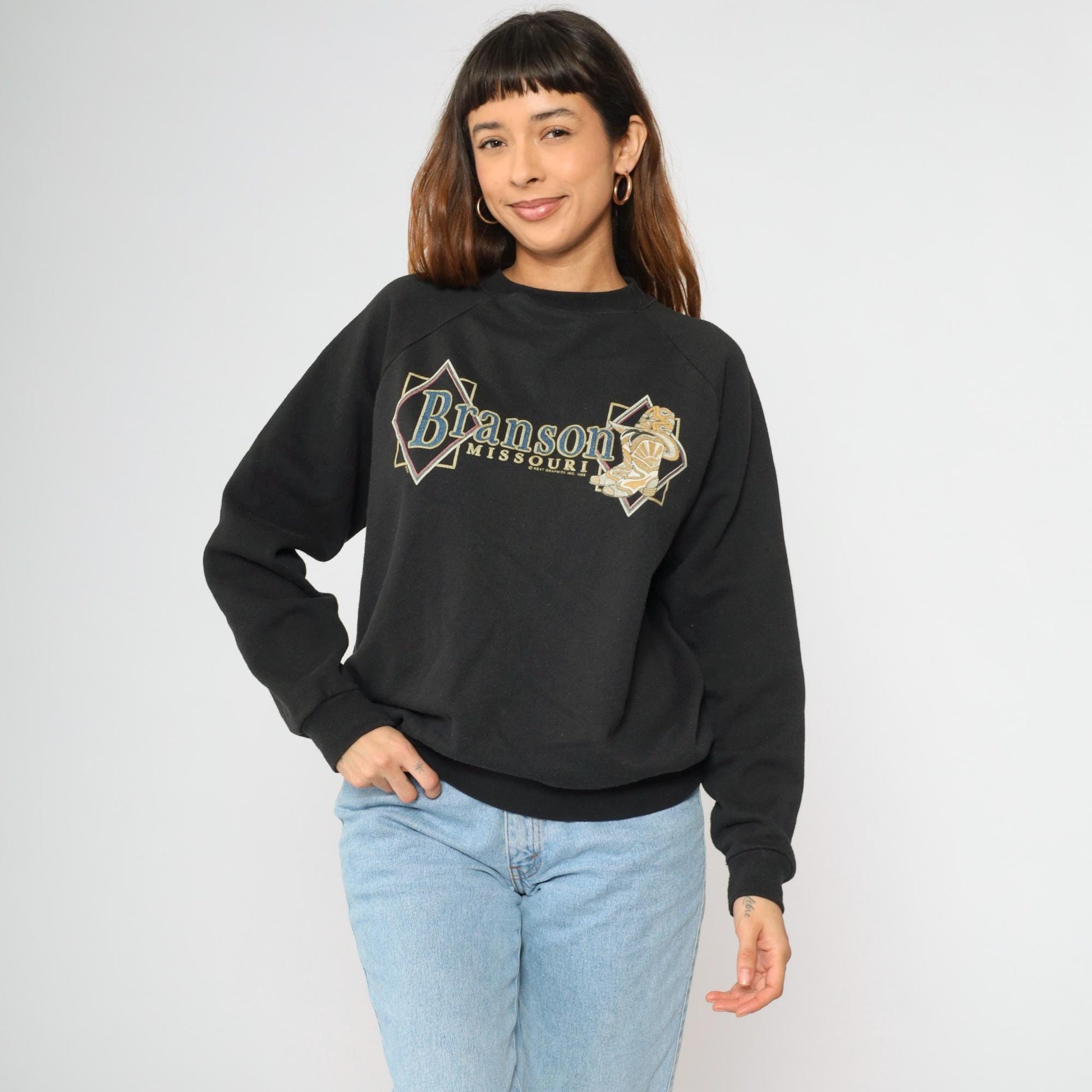 90s Branson Missouri Cowboy Boot Graphic Sweatshirt Black Crewneck Large L