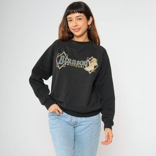 90s Branson Missouri Cowboy Boot Graphic Sweatshirt Black Crewneck Large L