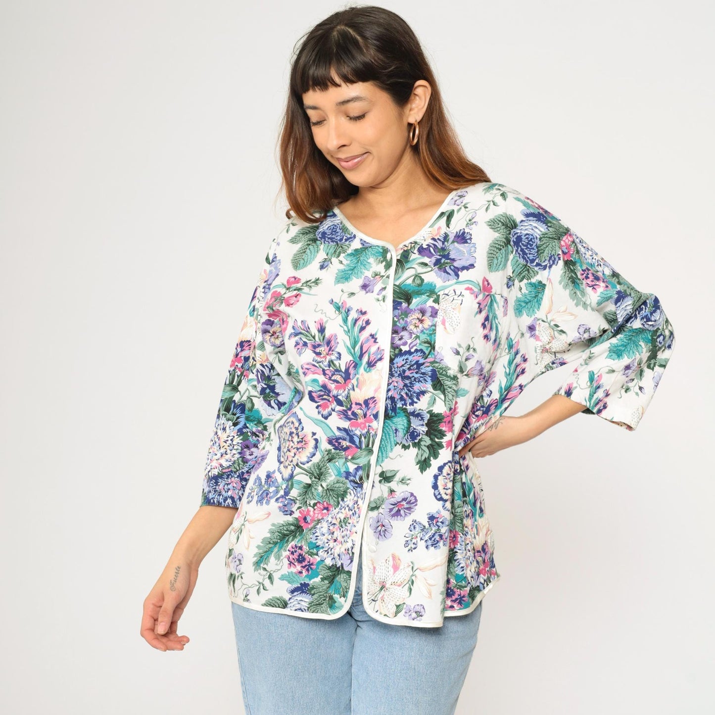 90s Earth Angels Floral Cotton Blouse White Purple Blue Green Piped Trim Large