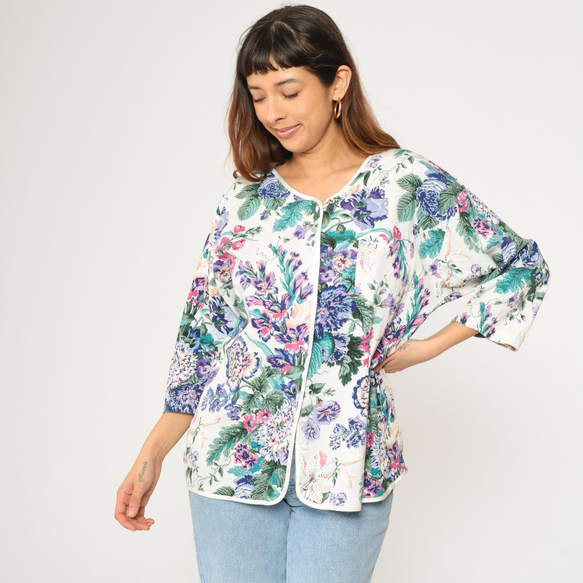 90s Earth Angels Floral Cotton Blouse White Purple Blue Green Piped Trim Large
