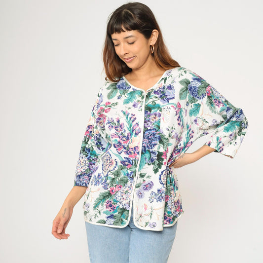 90s Earth Angels Floral Cotton Blouse White Purple Blue Green Piped Trim Large