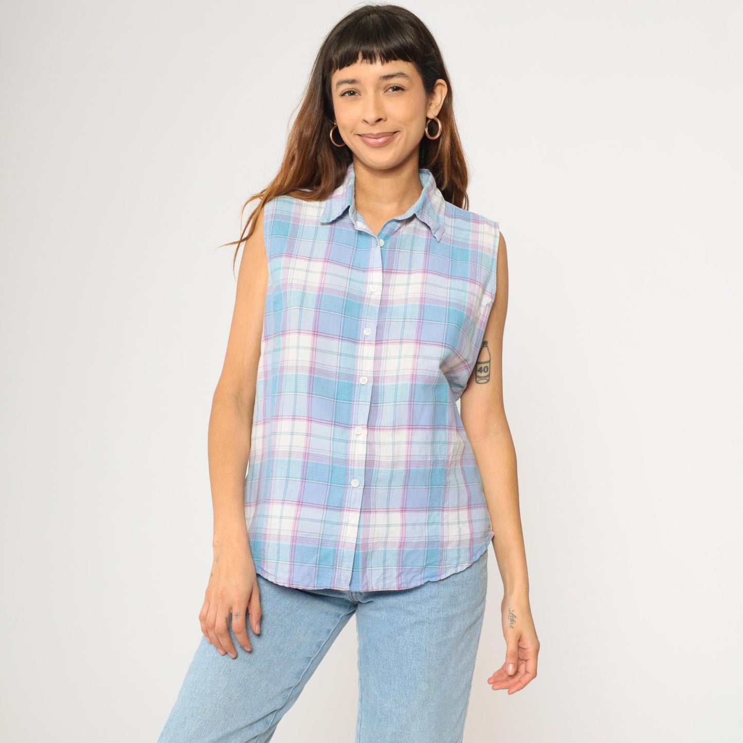 90s Wrangler Blues Plaid Sleeveless Blouse Button-Up Tank Blue White Purple Large L