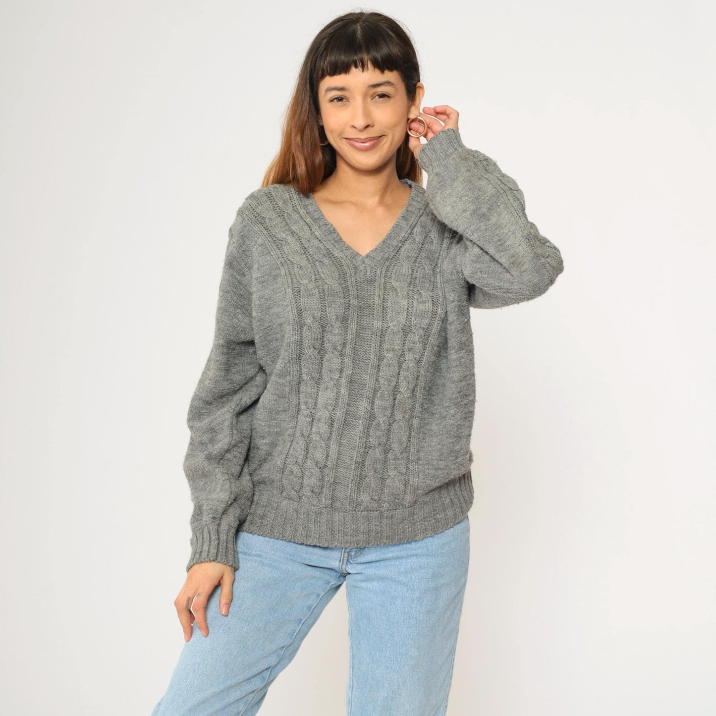 80s Campus Cable Knit V-Neck Sweater Grey Acrylic Pullover Medium M