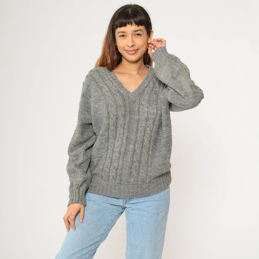 80s Campus Cable Knit V-Neck Sweater Grey Acrylic Pullover Medium M