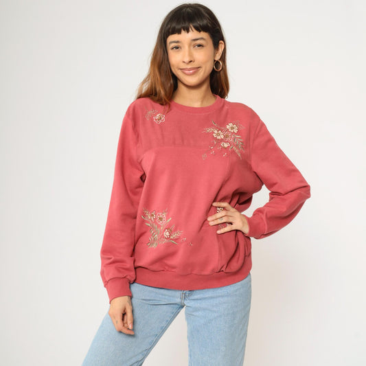 Y2K Alfred Dunner Floral Embroidered Sweatshirt Coral Pink Beaded Crewneck Large L