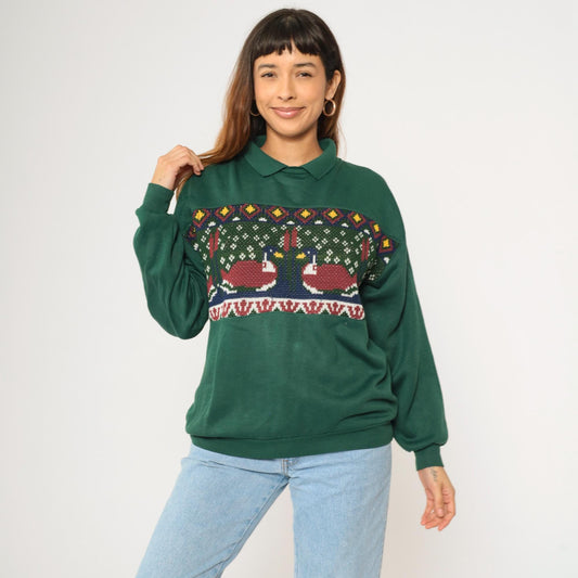 90s Duck Cattails Knit Sweatshirt Dark Green Collared Jumper Small S