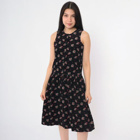 90s Black Corduroy Floral Button-Up Pinafore Midi Dress Extra Small