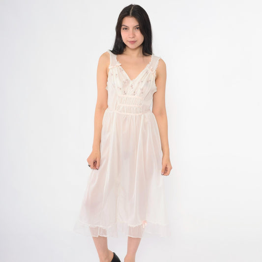 70s Blue Swan White Nylon Nightgown Pink Floral Embroidered Midi Small