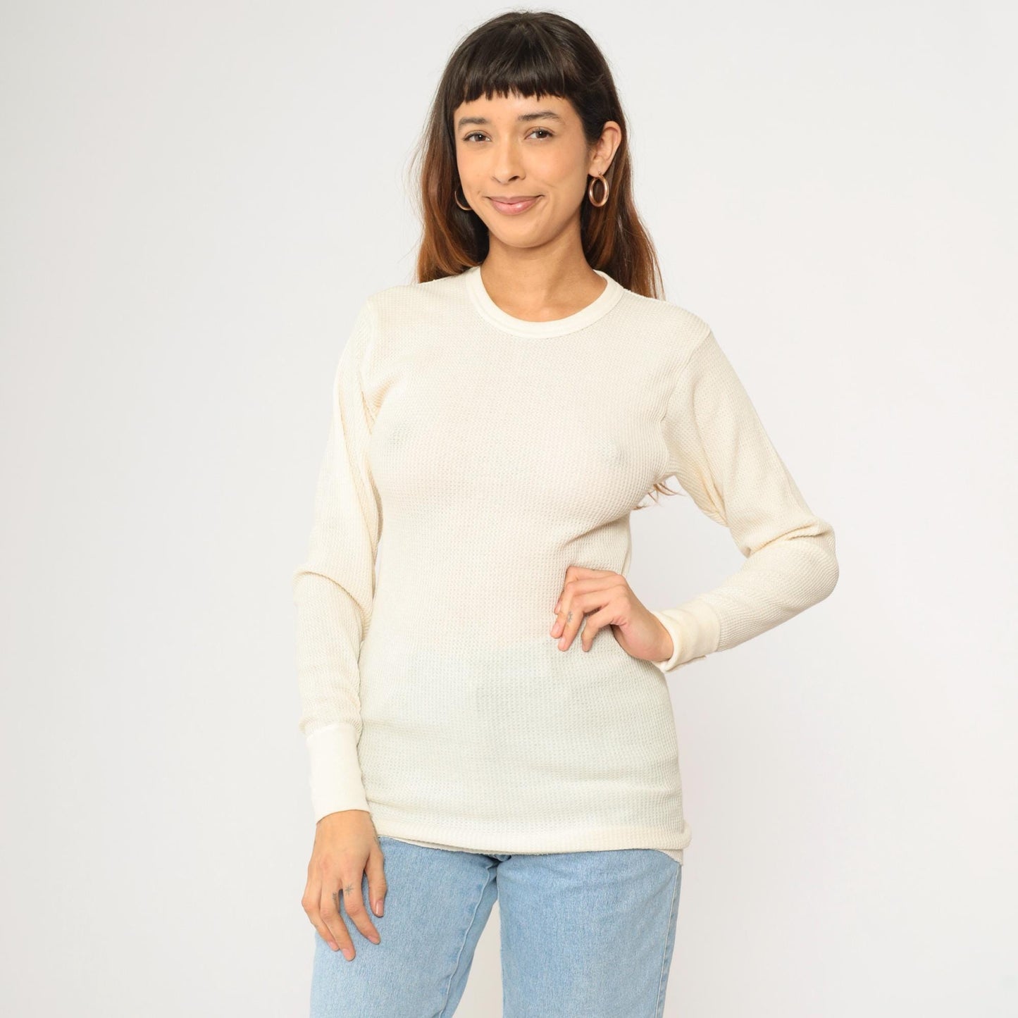 Y2K Hanes Cream Waffle Knit Thermal Long Sleeve Tee Medium M