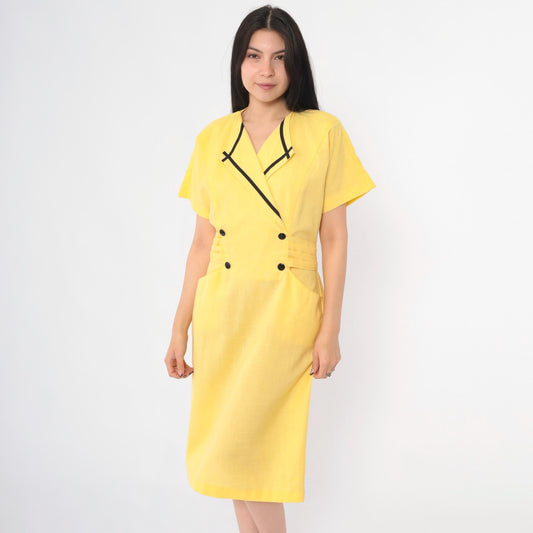80s Damon Petite Yellow Midi Dress Double Breasted Button Front Black Trim Medium