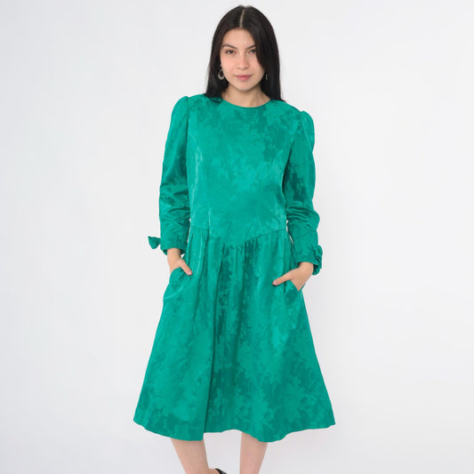 80s Lanz Originals Emerald Jacquard Midi Dress Puff Sleeve Bow Cuff Medium M
