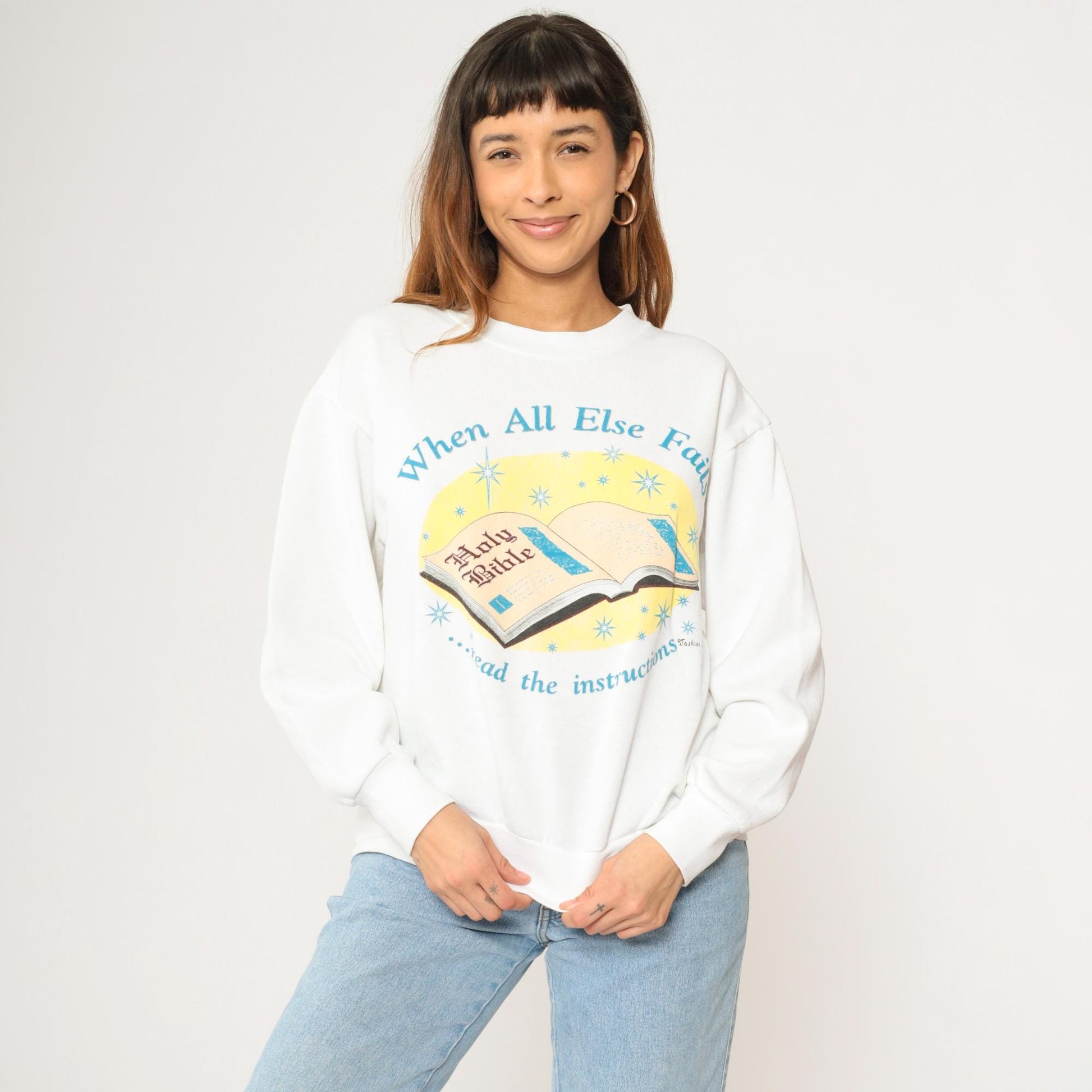 90s Christian Bible Sweatshirt When All Else Fails White Crewneck Large L